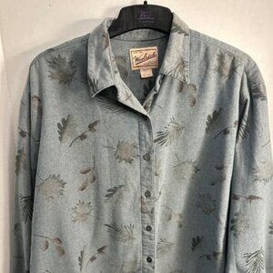Vintage Woolrich Womens Gray Leaf Print Long Sleeve Button Up Cotton Shirt Sz L